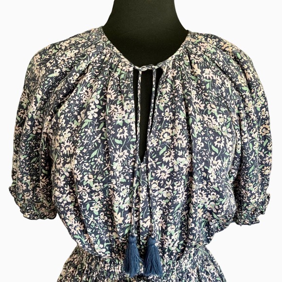 Lucky Brand Blue Floral Puff Sleeve Dress Size Small Self Tie Tassels Boho Style - Picture 2 of 9